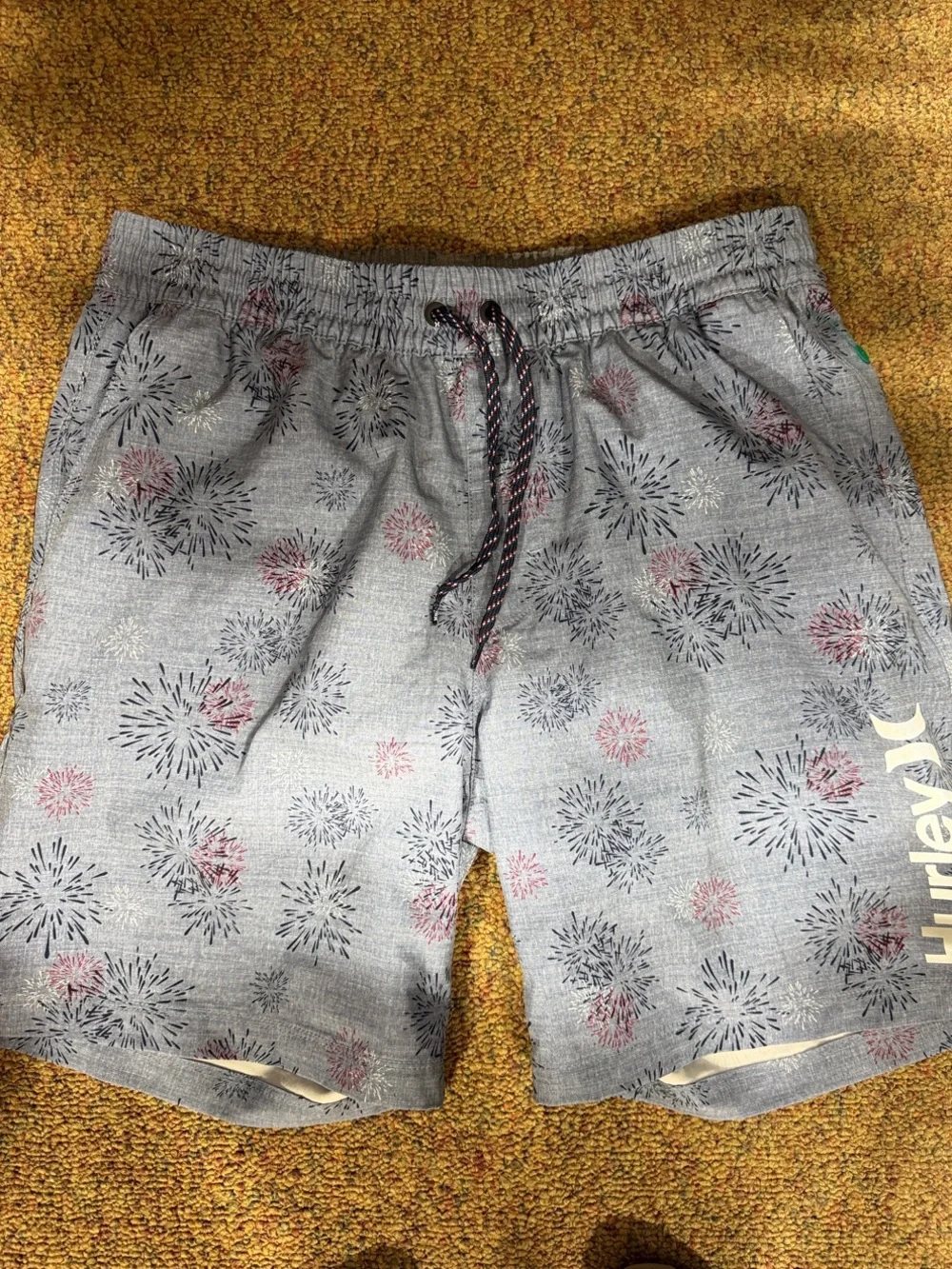 Hurley Men’s Light Gray Swim Board Shorts with Navy & Red Burst Print